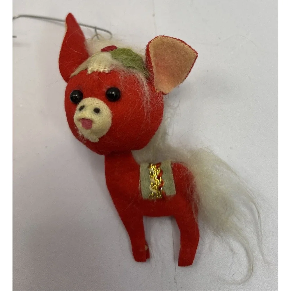 Vintage Red White Felt Flocked Deer Christmas Ornament Japan‎ 4 1/4